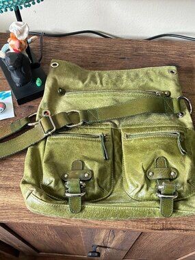 Tano Green Crossbody Bag with Contrasting Orange Lining (medium/large size)